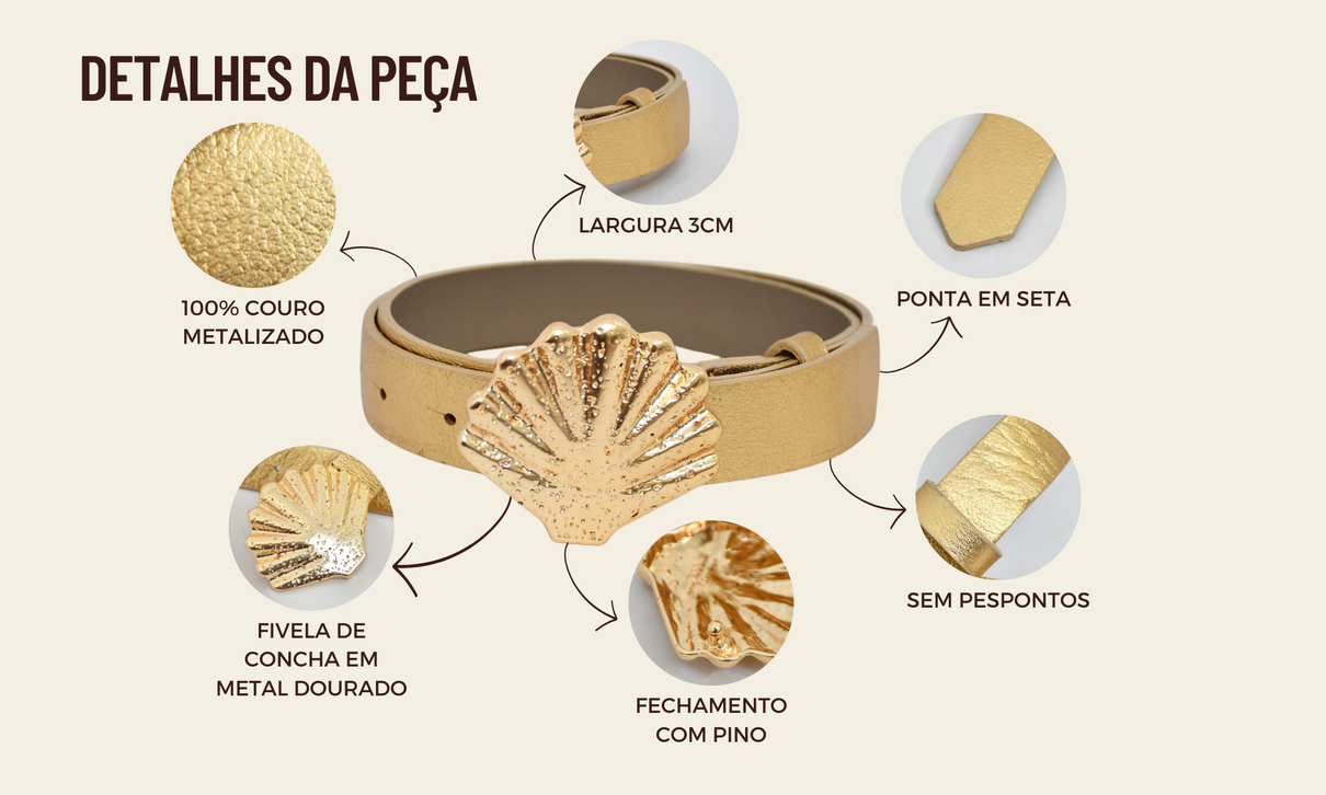 tabela de medidas site cinto couro fivela concha dourado
