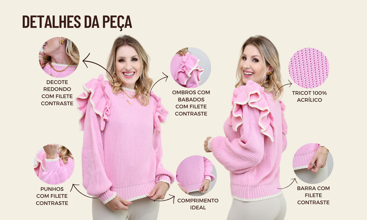 tabela de medidas blusa tricot babados mavie rosa