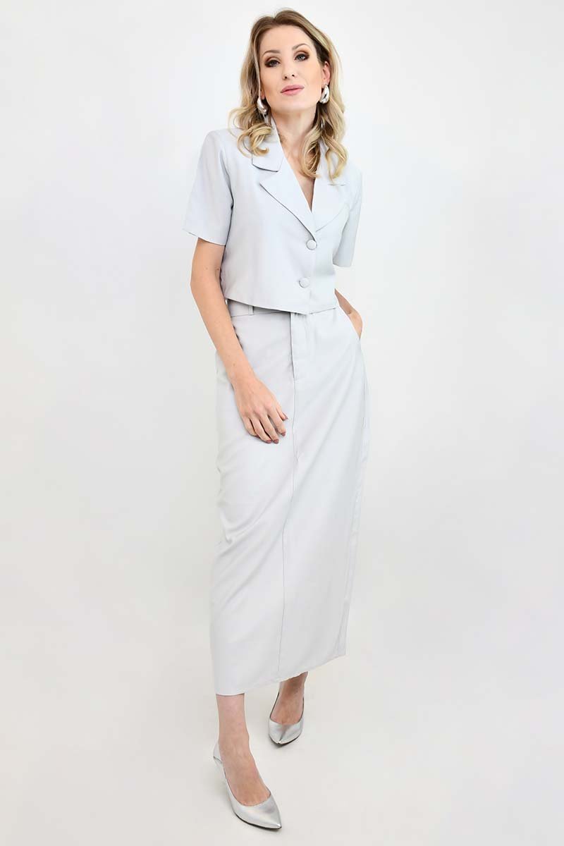 blazer manga curta saia midi conjunto beth cinza claro escritorio dia a dia trabalho