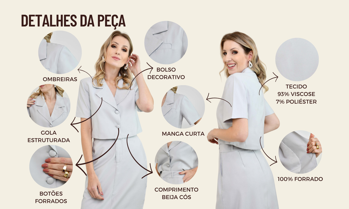tabela de medidas blazer manga curta alfaiataria beth cinza claro