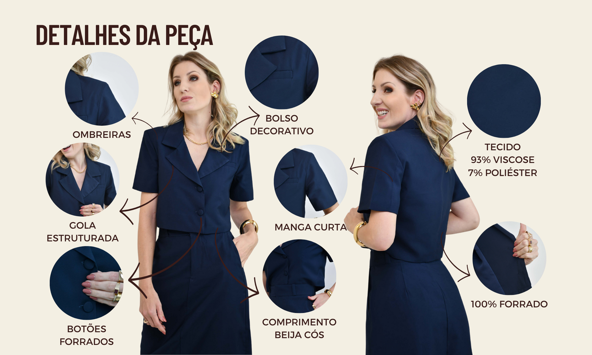 tabela de medidas blazer manga curta alfaiataria beth azul marinho