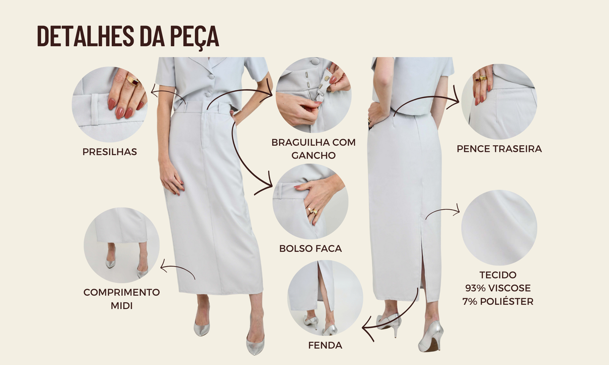 tabela de medidas saia midi alfaiataria beth cinza claro