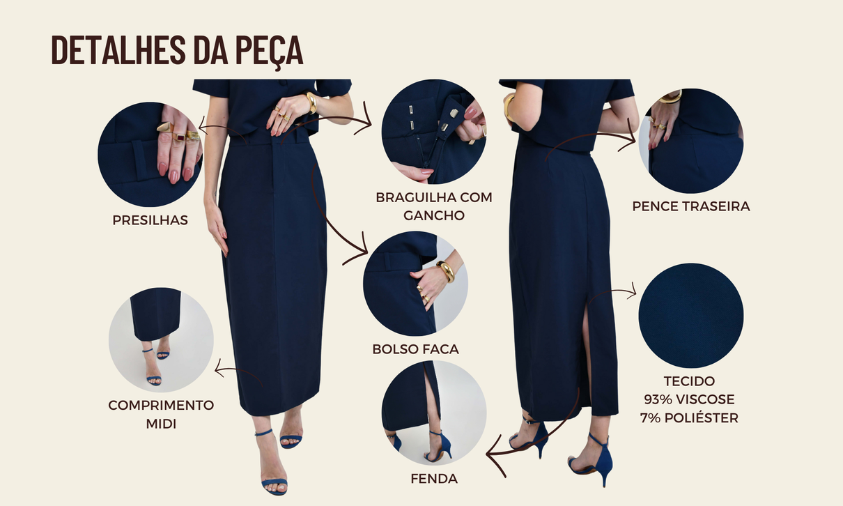 tabela de medidas saia midi alfaiataria beth azul marinho