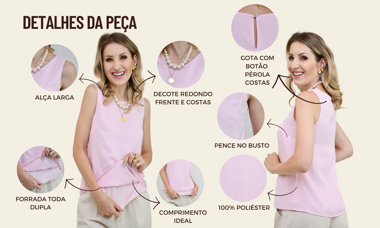 tabela de medidas site regata luiza rosa giz dupla decote redondo poliester