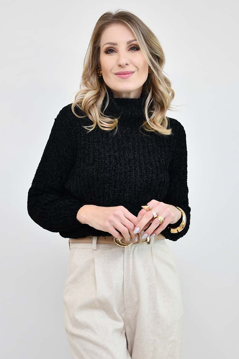 blusa tricot cris preto toque de pessego
