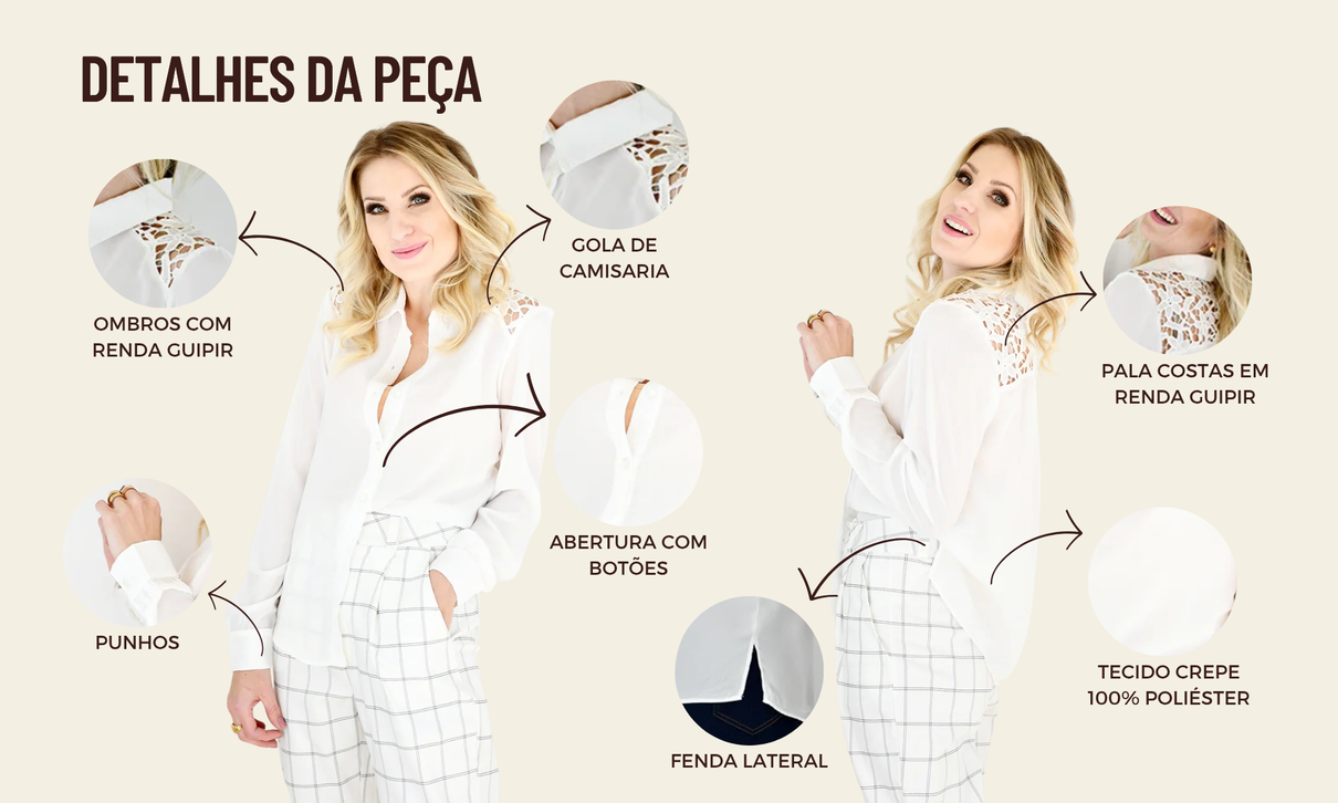 ficha de detalhes camisa crepe com guipir off white juliette