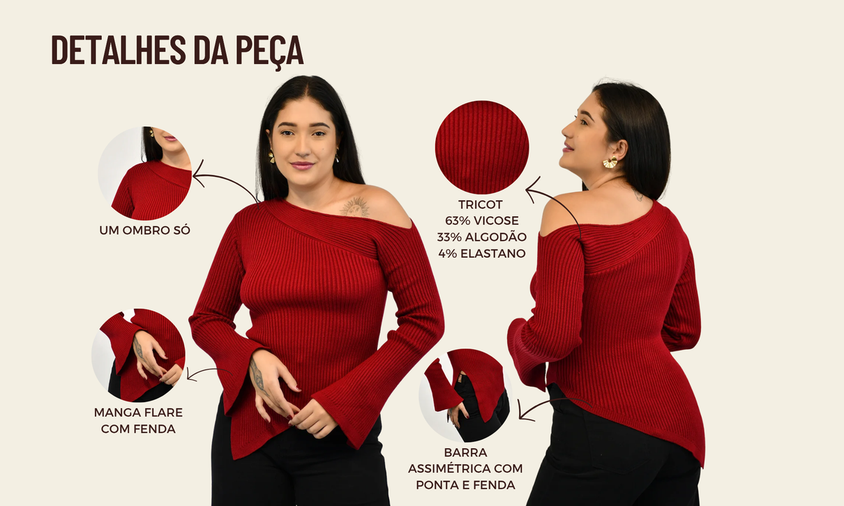 ficha de detalhes blusa assimetrica tricot kate vermelho cherry