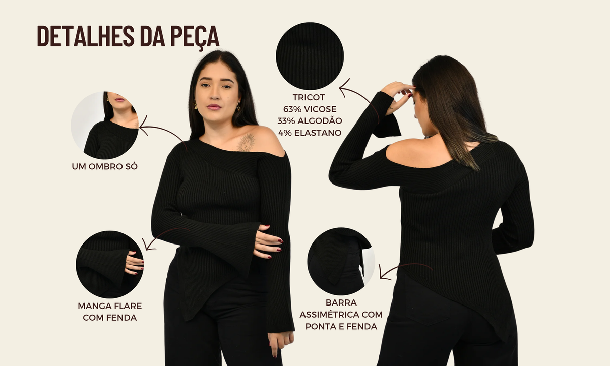 ficha de detalhes blusa assimetrica tricot kate preto