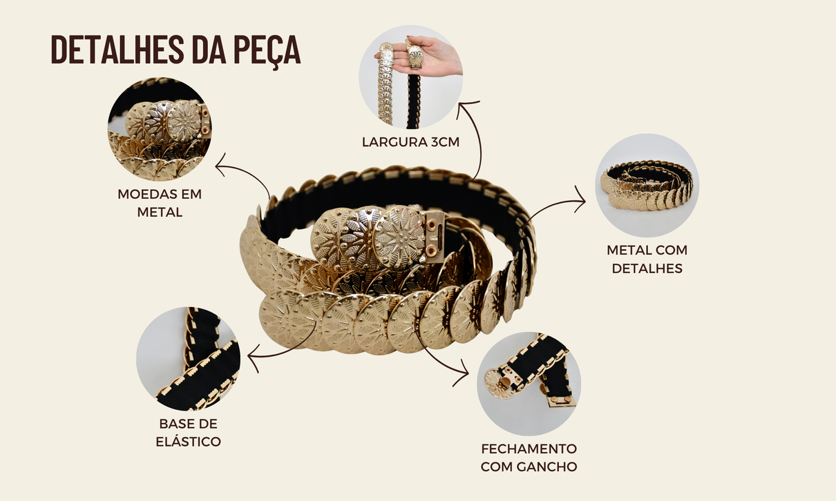 ficha de detalhes cinto moedas tamanho unico dourado