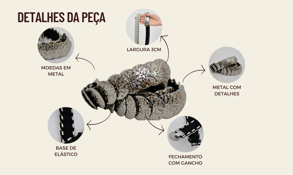 ficha de detalhes cinto moedas tamanho unico prata
