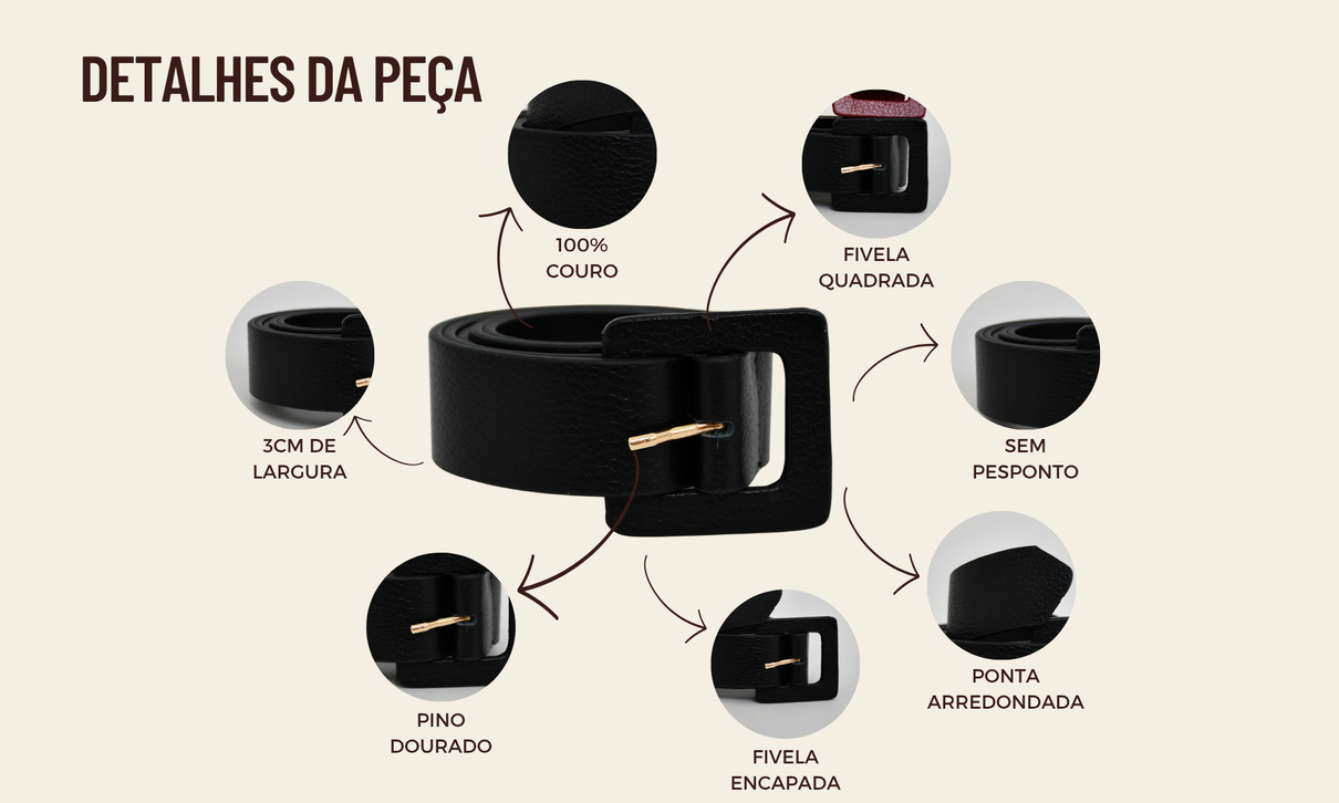ficha de detalhes cinto fivela quadrada preto