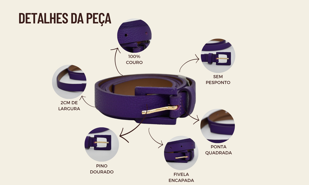 ficha de detalhe cinto de couro fino roxo violeta