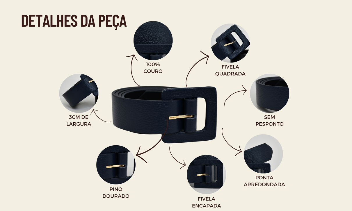 ficha de detalhes cinto fivela quadrada azul marinho