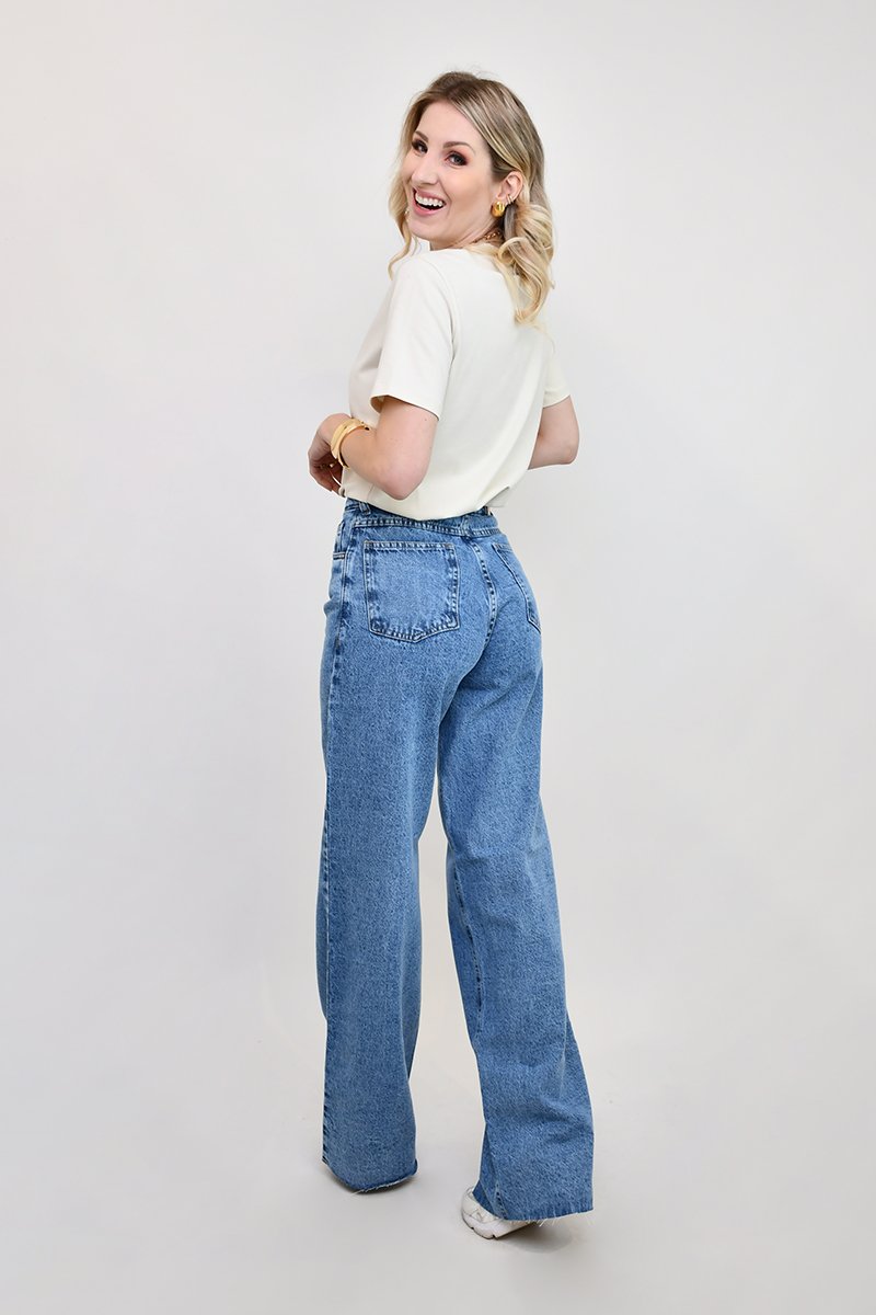 Calça Wide Leg Jeans Malu Azul Escuro
