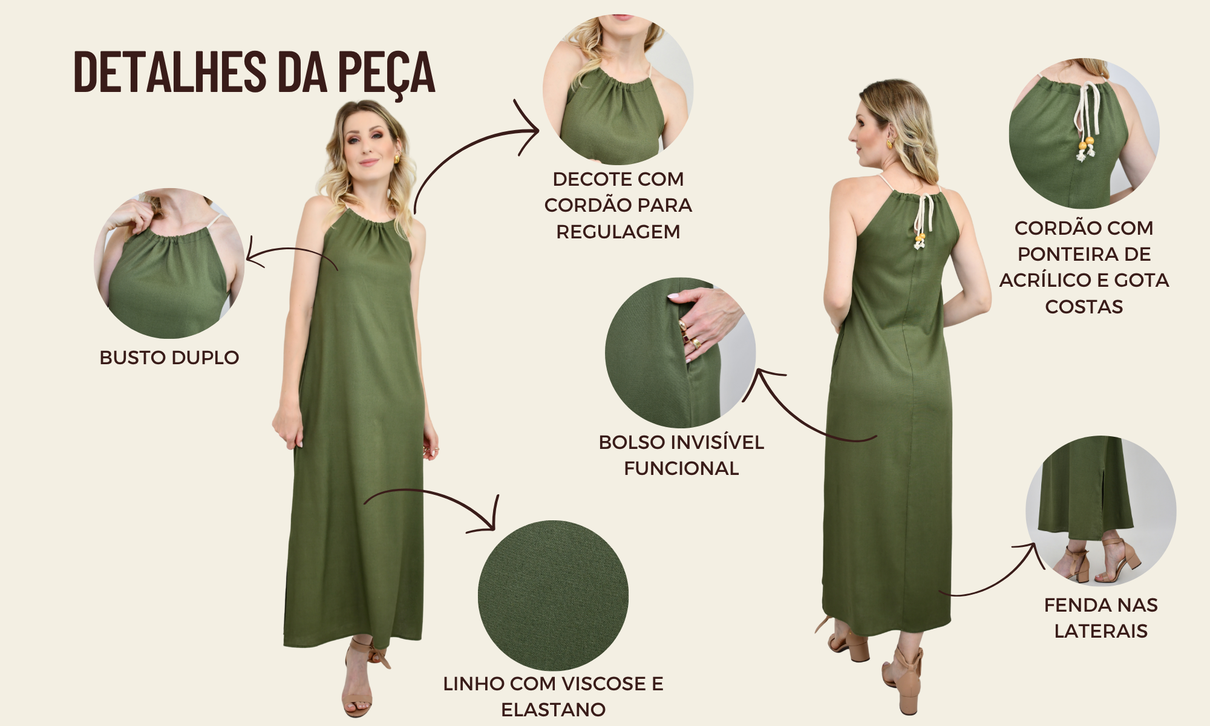 ficha de detalhes vestido liana verde militar
