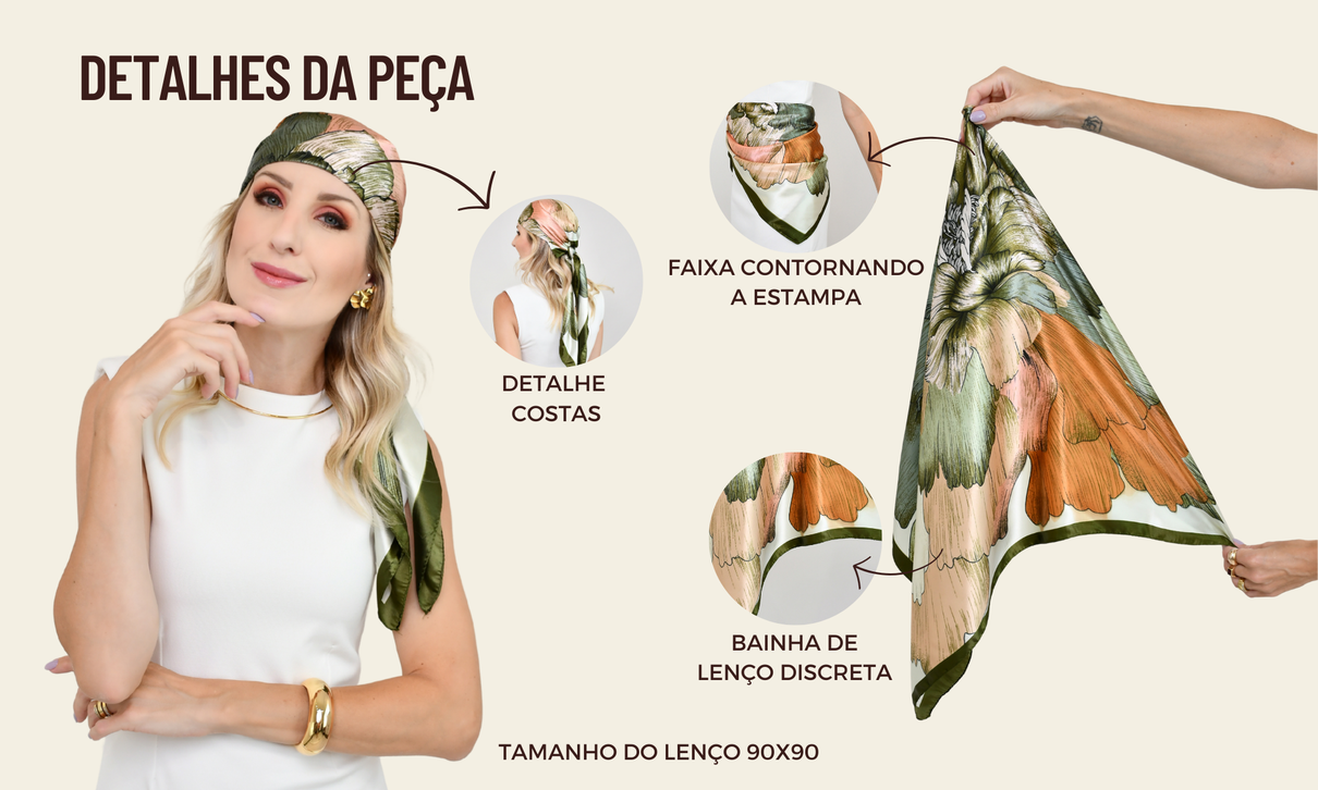 ficha de detalhes lenco verde militar com coral bege