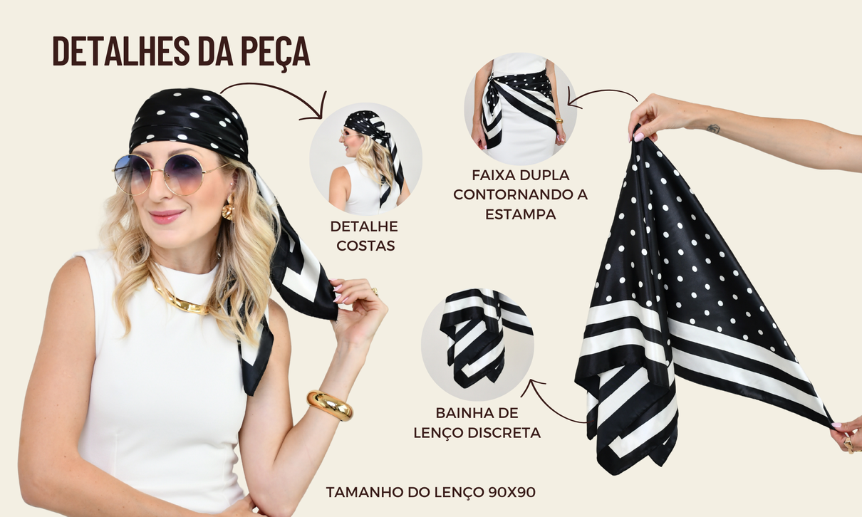 ficha de detalhes lenco poa preto e branco com duas faixas