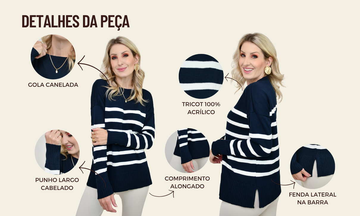 ficha de detalhes blusa tricot alongado tessa azul marinho