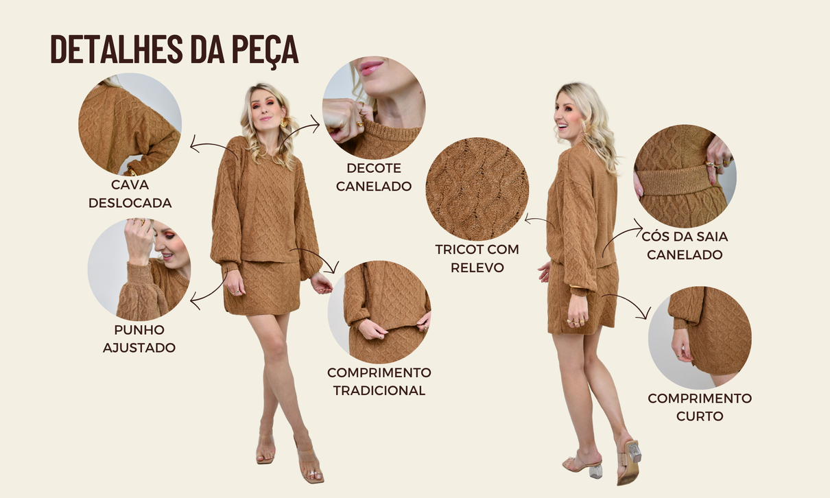 ficha de detalhes conjunto tricot blusa e saia manuela camel