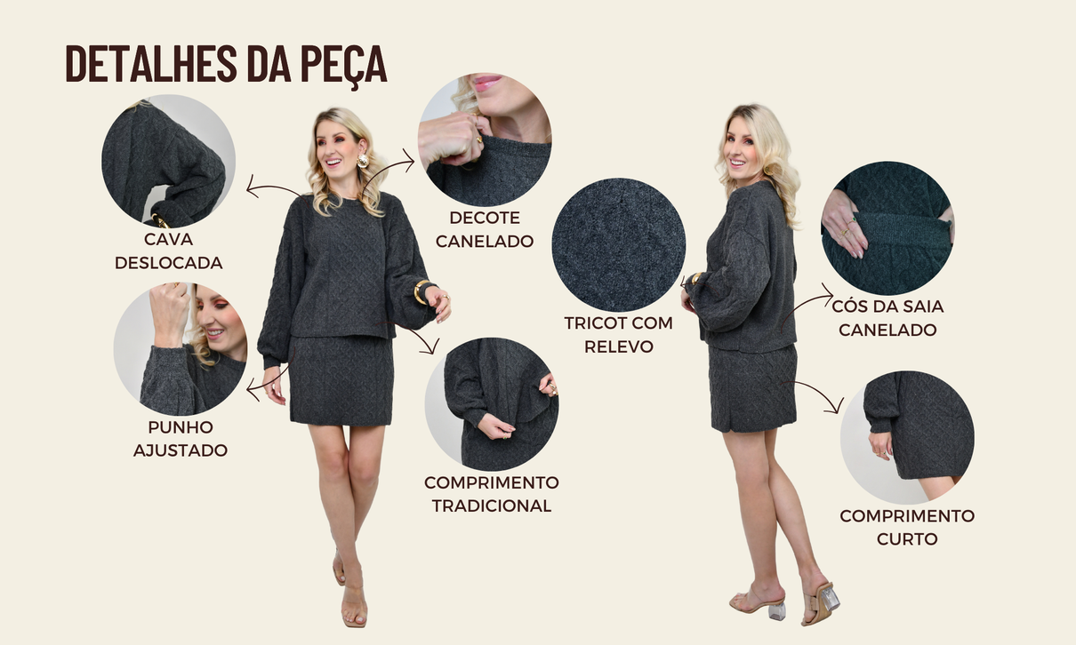 ficha de detalhes conjunto tricot blusa e saia manuela chumbo
