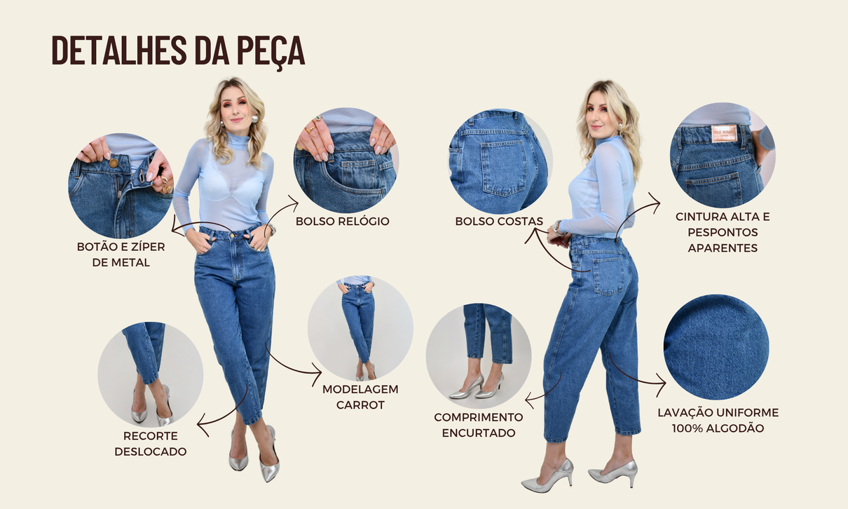 ficha de detalhes calca carrot jeans escuro