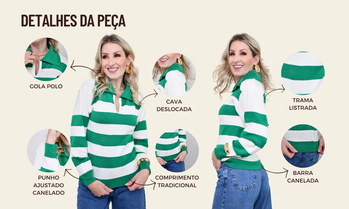 ficha de detalhes blusa tricot gola polo listrada elis verde off white