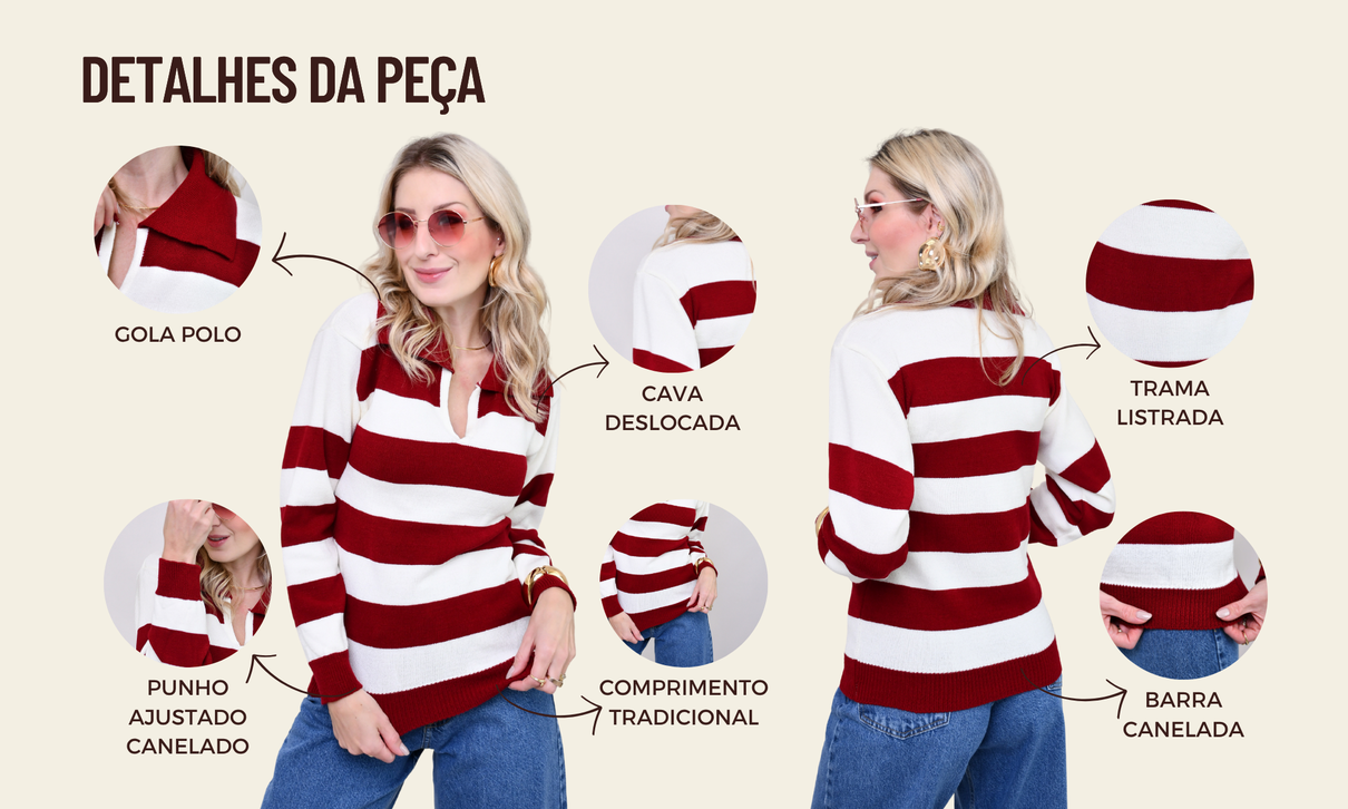 ficha de detalhes blusa tricot gola polo listrada elis vinho off white