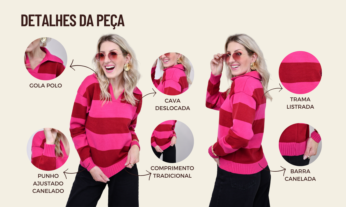 ficha de detalhes blusa tricot gola polo listrada elis rosa vermelho