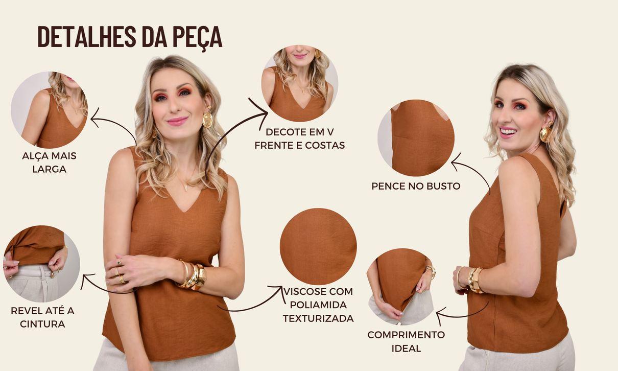 ficha de detalhes regata maria camel caramelo marrom