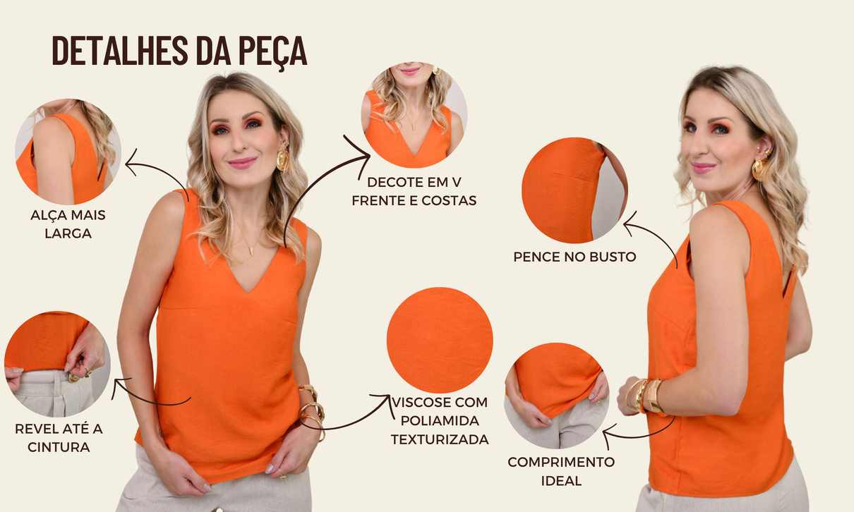 ficha de detalhes regata maria laranja quente
