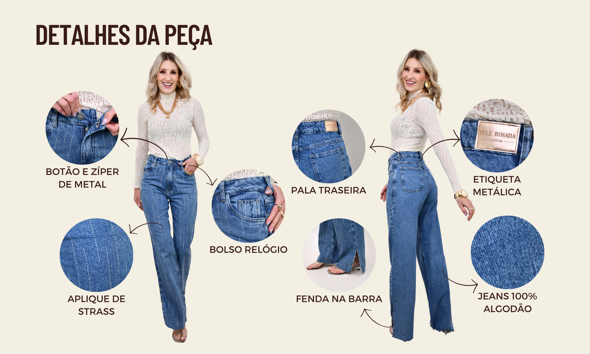 ficha de detalhes calca jeans wide leg strass cassi
