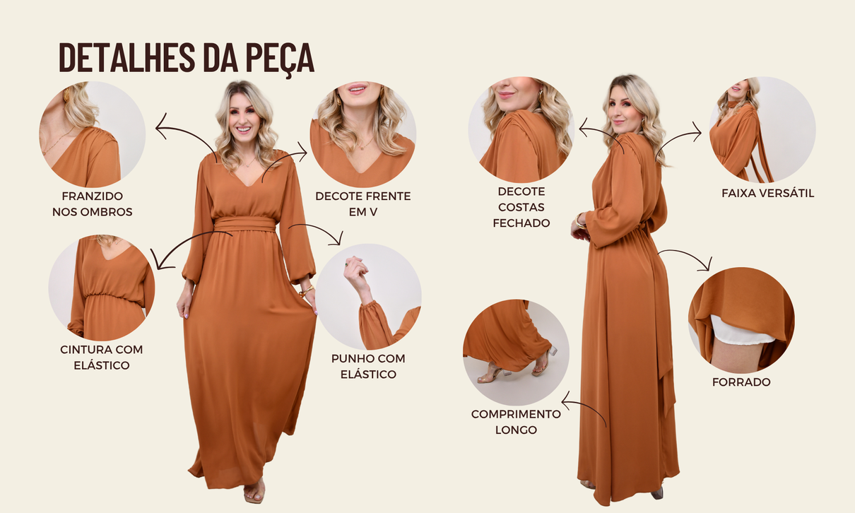 ficha de detalhes vestido longo de crepe flavia camel