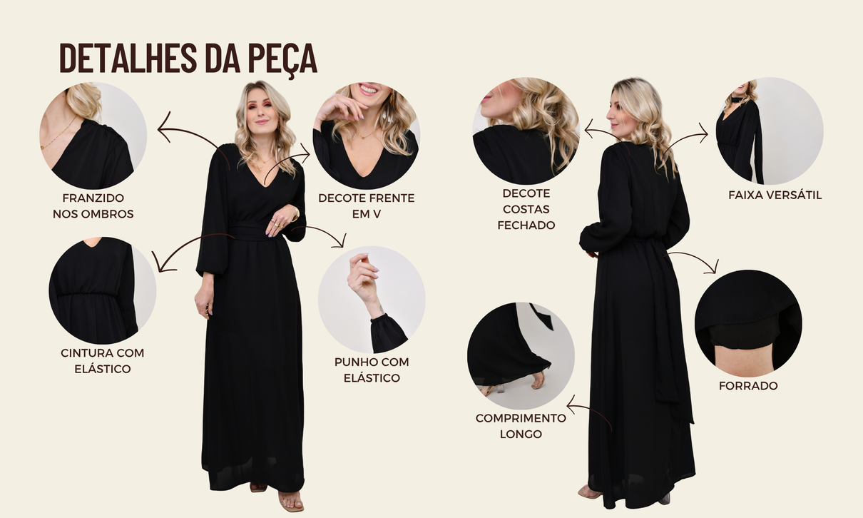 ficha de detalhes vestido longo de crepe flavia preto