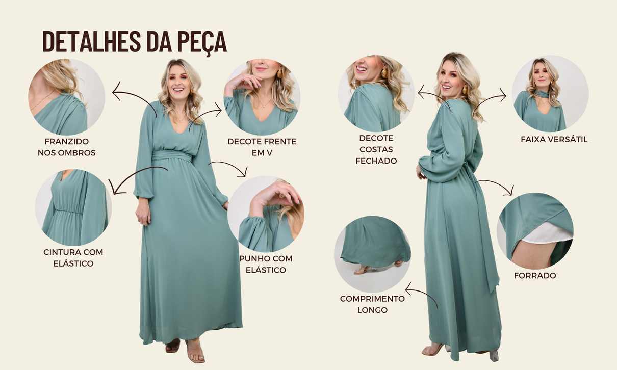 ficha de detalhes vestido longo de crepe flavia verde suave