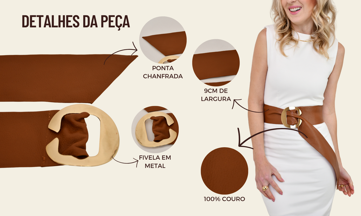ficha de detalhes cinto de couro fivela oval vazada camel