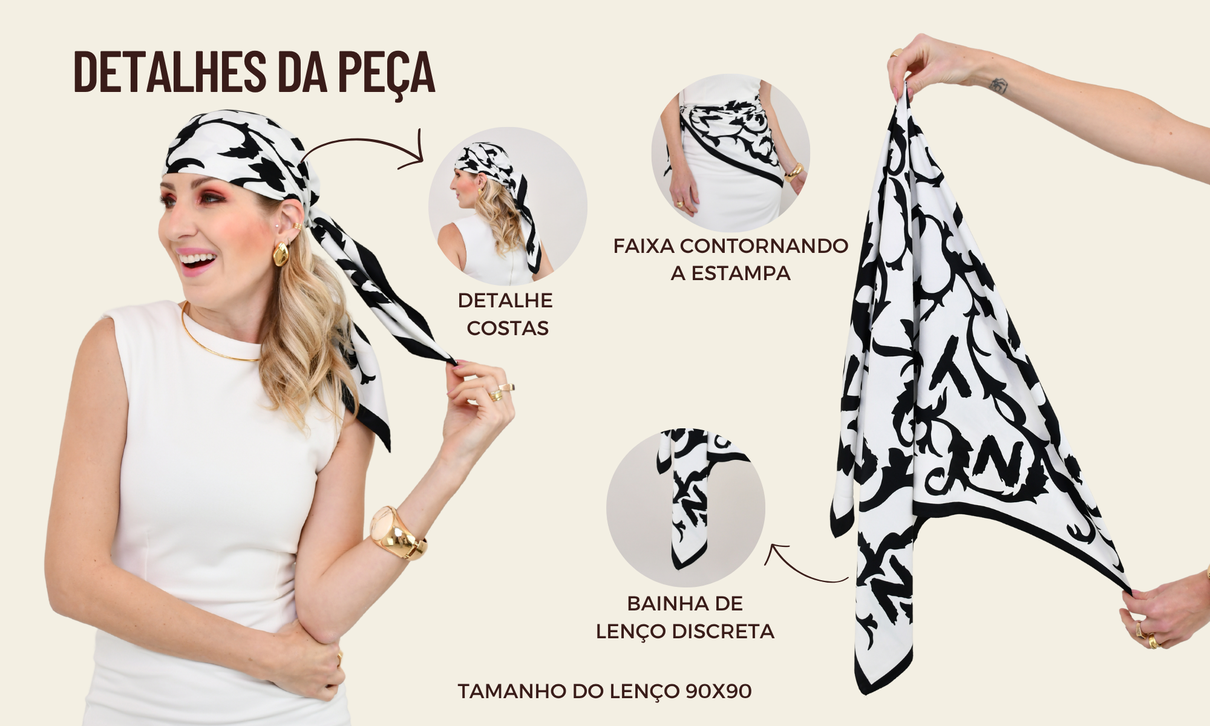 ficha de detalhes lenco acetinado arabescos preto e branco