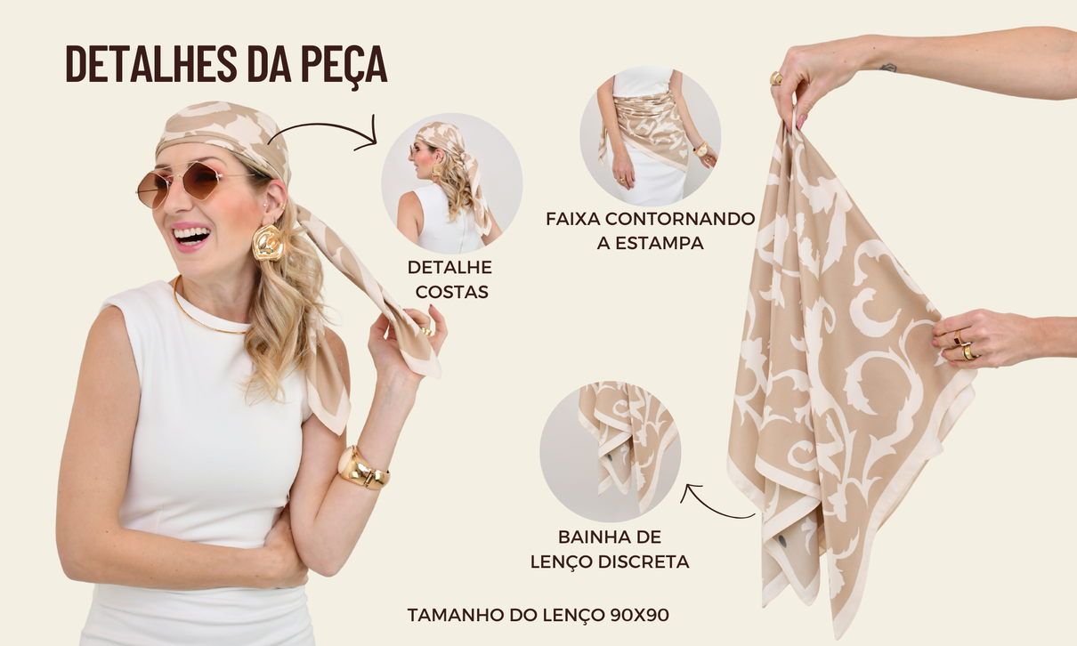 ficha de detalhes lenco acetinado arabescos bege e creme