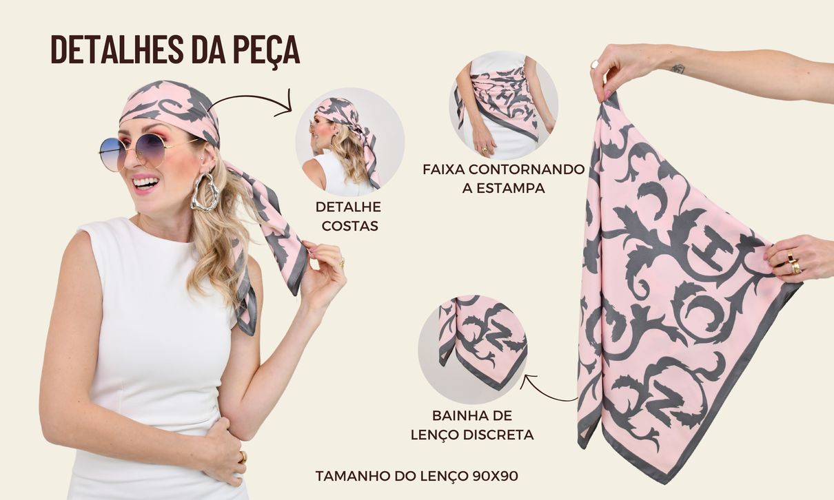 ficha de detalhes lenco acetinado arabescos rosa e cinza
