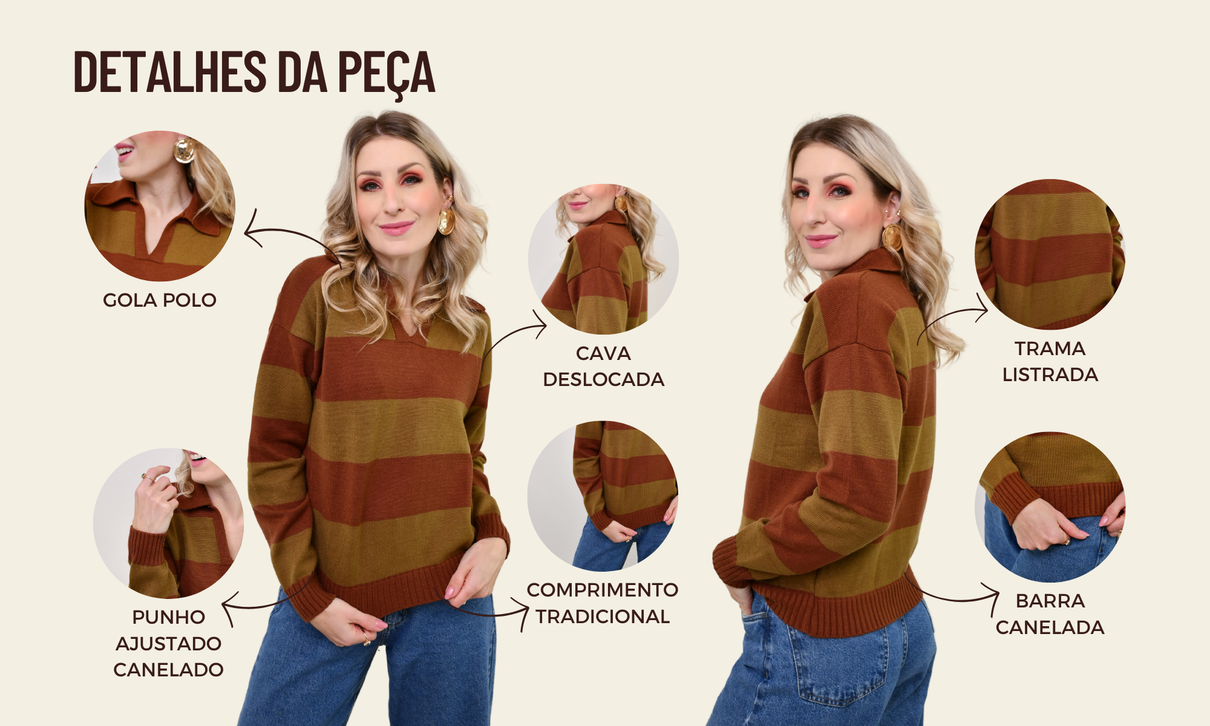 ficha de detalhes tricot gola polo elis verde oliva e marrom