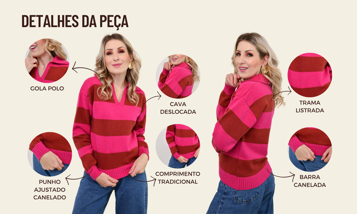 ficha de detalhes tricot gola polo elis rosa pink e vermelho