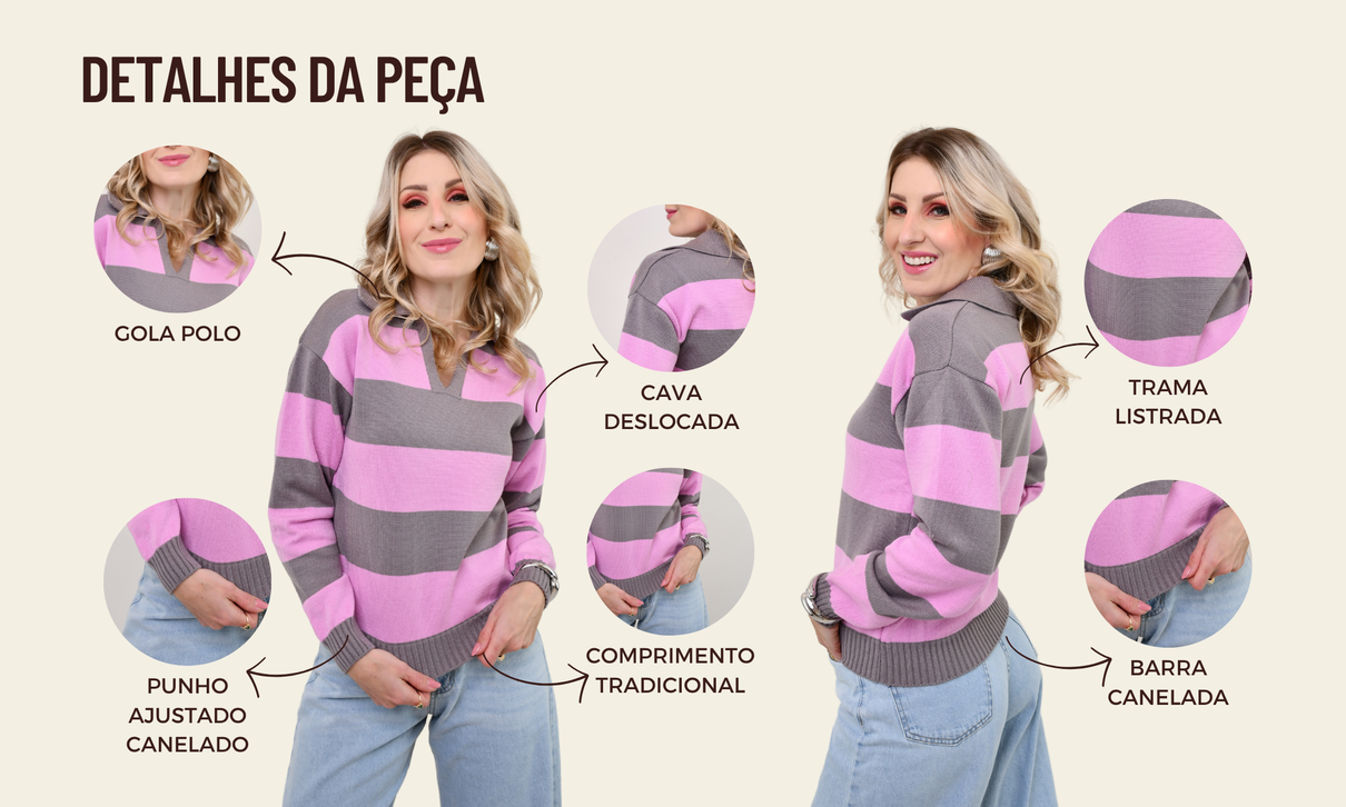 ficha de detalhes tricot gola polo elis cinza e rosa