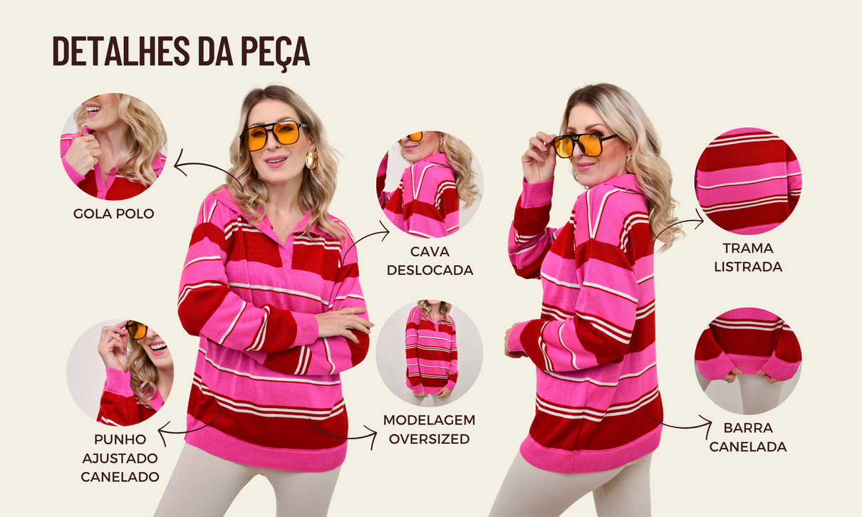 ficha de detalhes tricot gola polo eloah rosa e vermelho