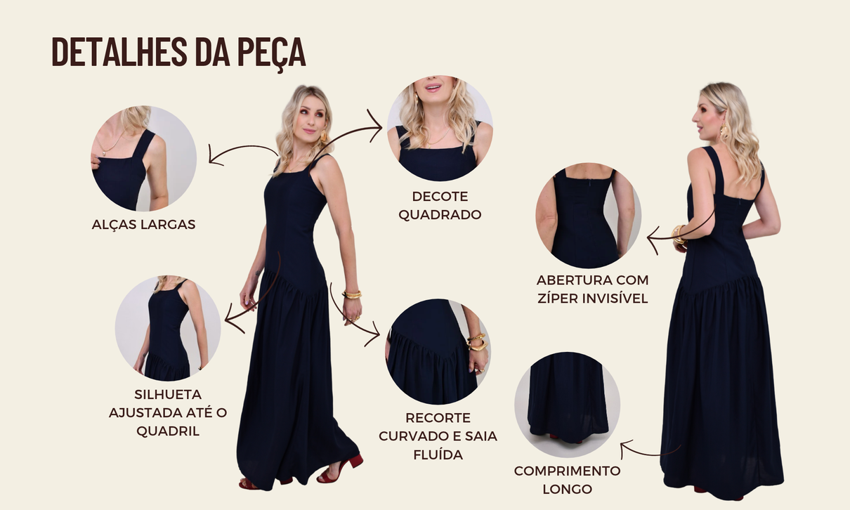 ficha de detalhes vestido ariel azul marinho