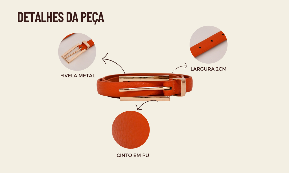 ficha de detalhes cinto pu fivela retangular laranja