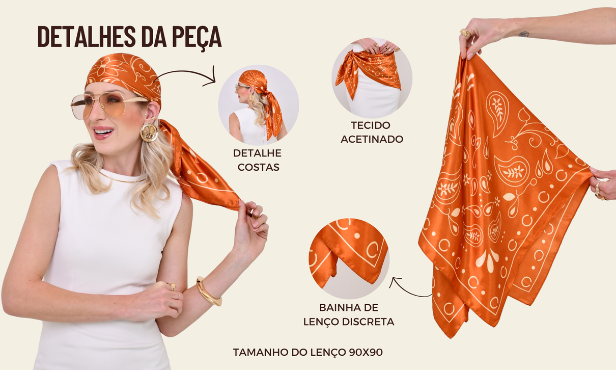 ficha de detalhes lenco acetinado arabescos laranja